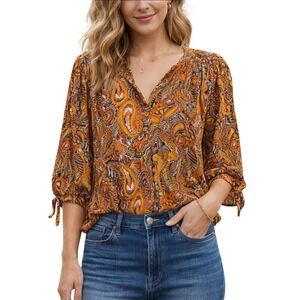 Jane Delancey‎ Paisley Print V Neck 3/4 Sleeve Blouse Top Orange